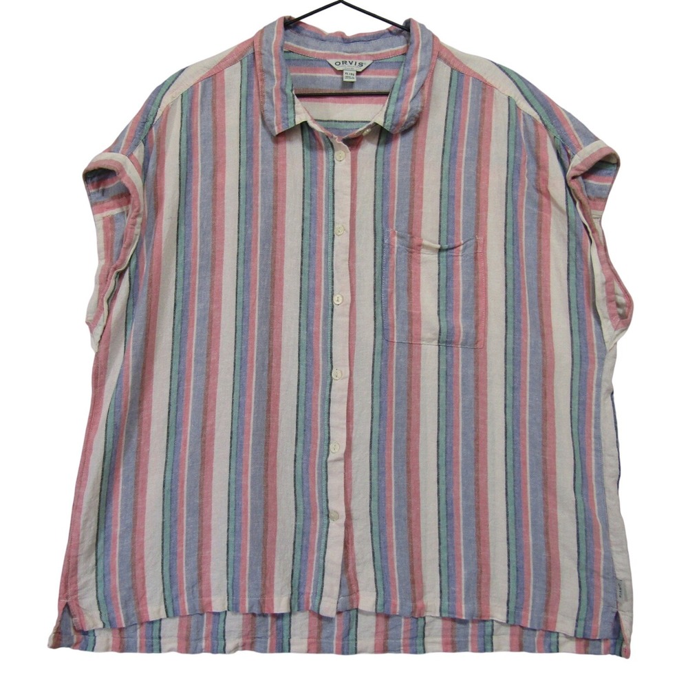Orvis Button Down Shirt Womens XL Multicolor Good Linen Blend Striped Cap Sleeve